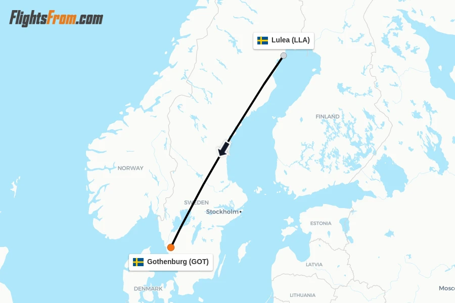 Flights from Lulea to Gothenburg route map