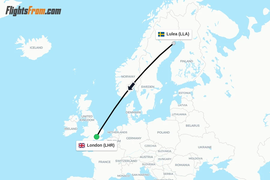 Flights from Lulea to London route map