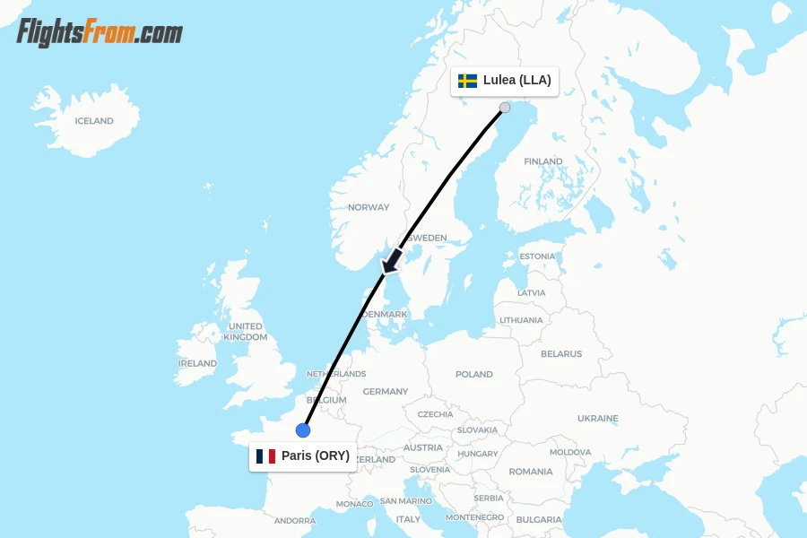 Flights from Lulea to Paris route map