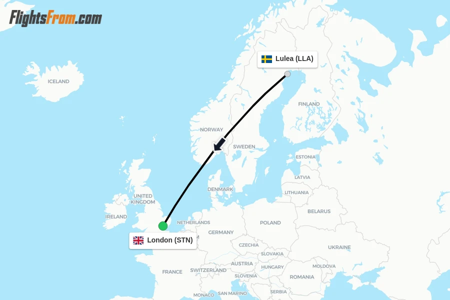 Flights from Lulea to London route map