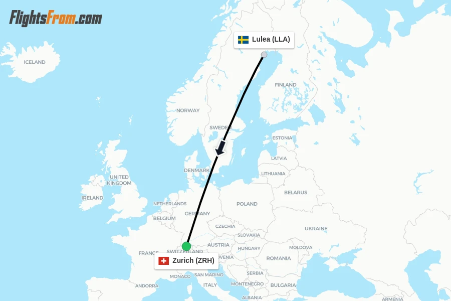 Flights from Lulea to Zurich route map