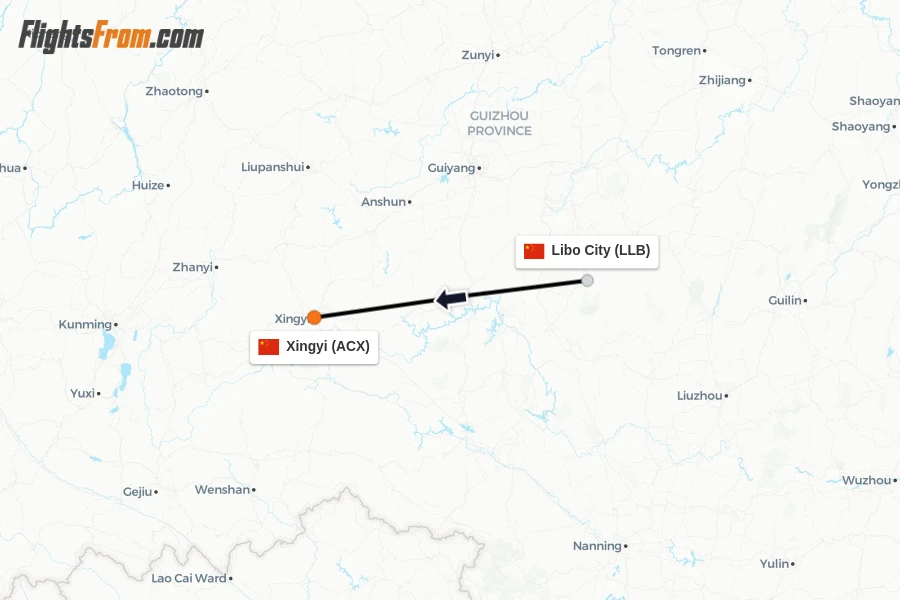 Flights from Libo City to Xingyi route map