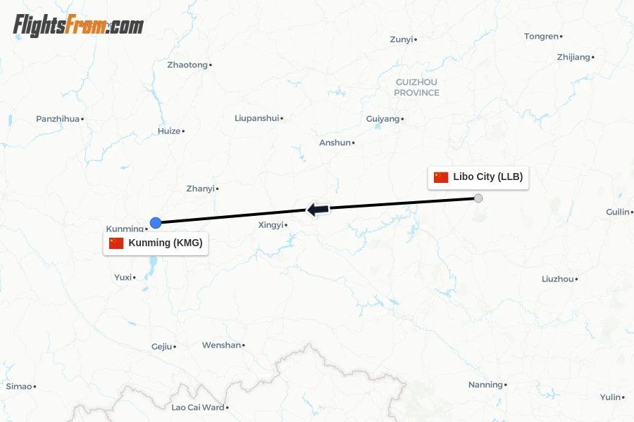 Flights from Libo City to Kunming route map