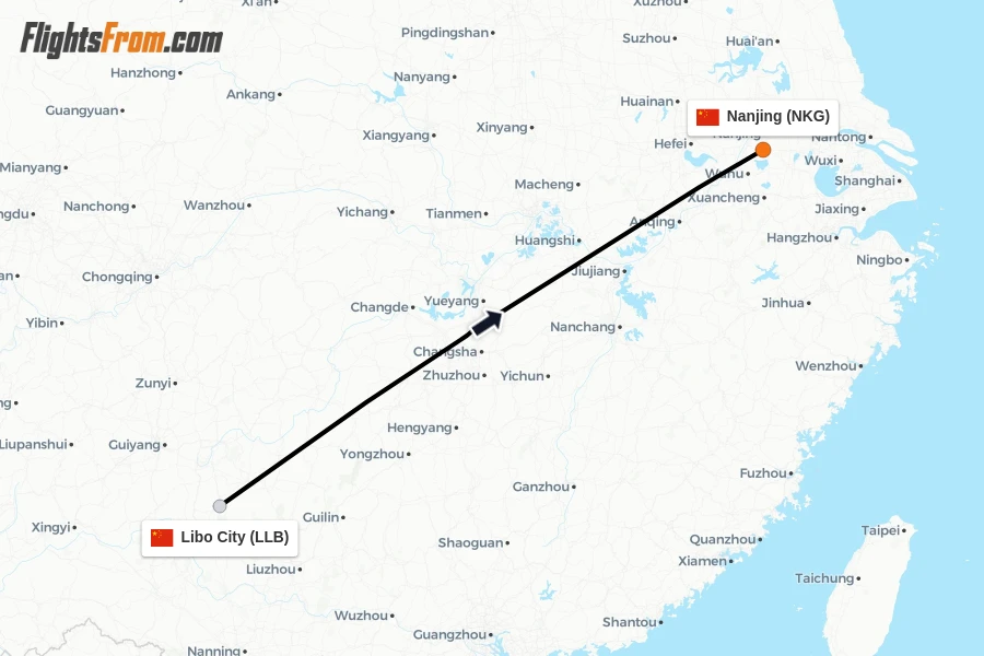 Flights from Libo City to Nanjing route map