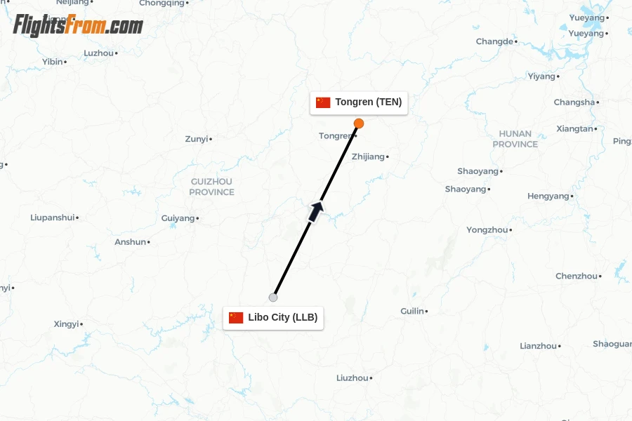 Flights from Libo City to Tongren route map