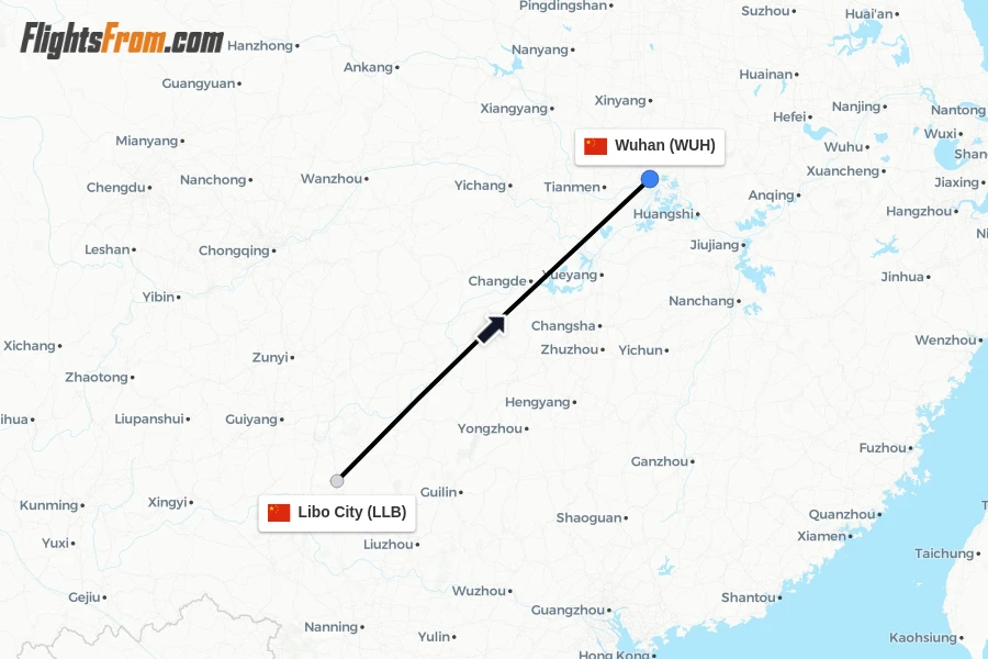 Flights from Libo City to Wuhan route map