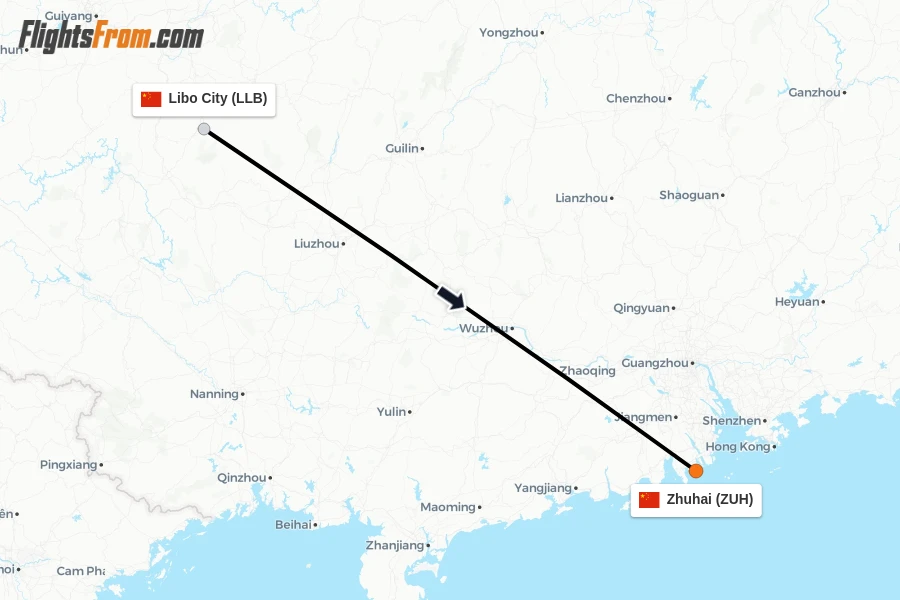 Flights from Libo City to Zhuhai route map