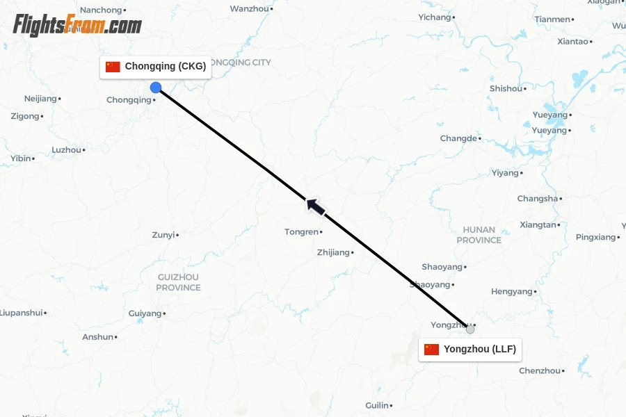 Flights from Yongzhou to Chongqing route map