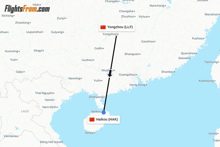 Flights from Yongzhou to Haikou route map