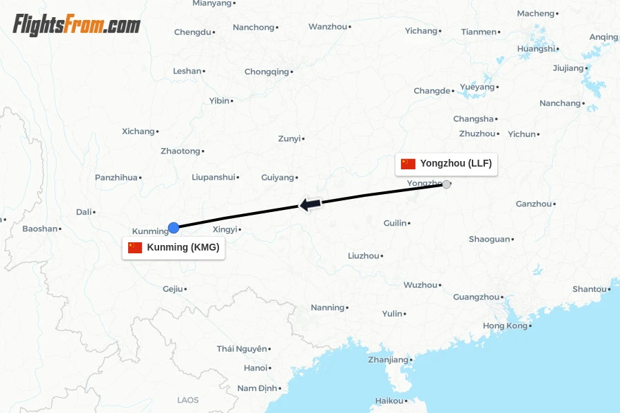 Flights from Yongzhou to Kunming route map