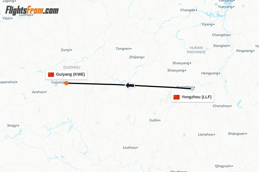 Flights from Yongzhou to Guiyang route map
