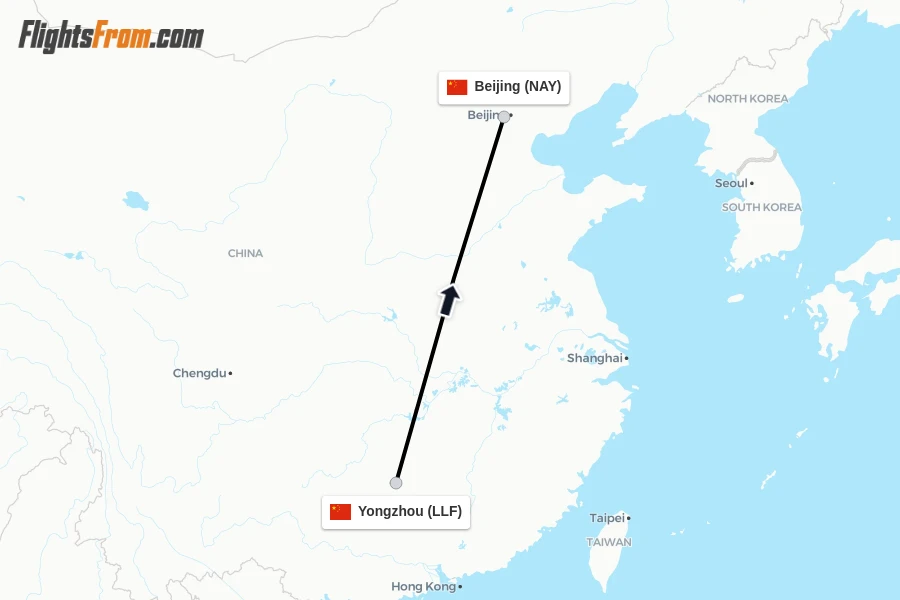 Flights from Yongzhou to Beijing route map