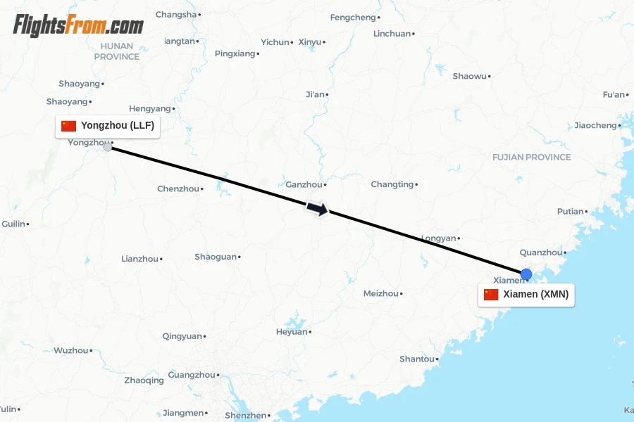 Flights from Yongzhou to Xiamen route map
