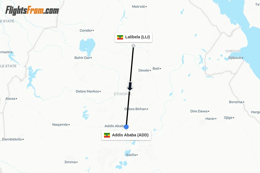 Flights from Lalibela to Addis Ababa route map