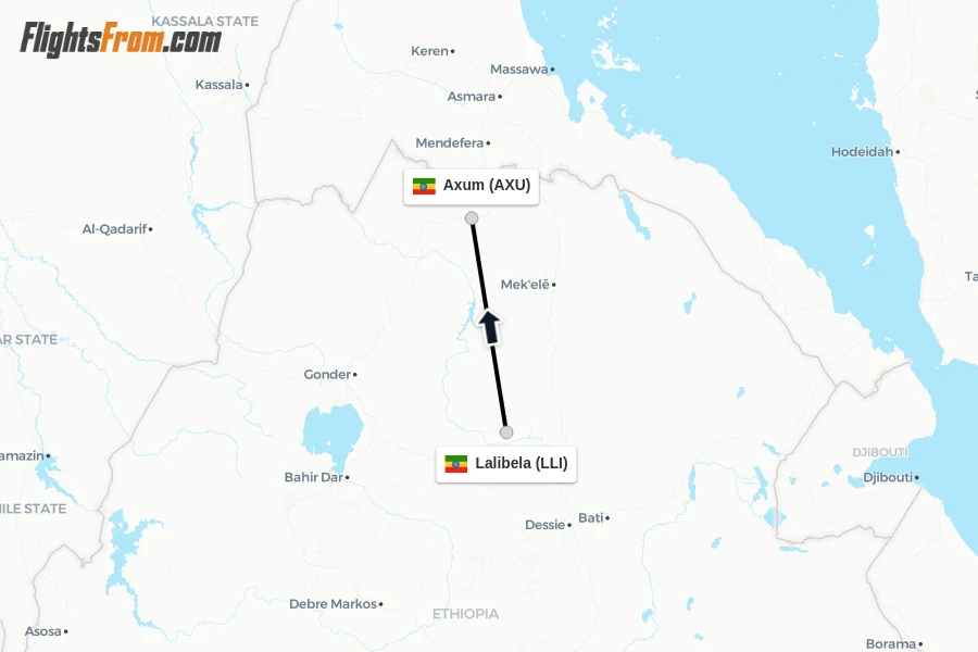 Flights from Lalibela to Axum route map