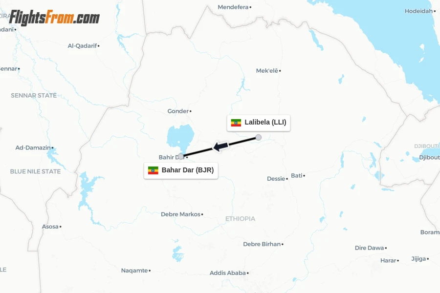 Flights from Lalibela to Bahar Dar route map
