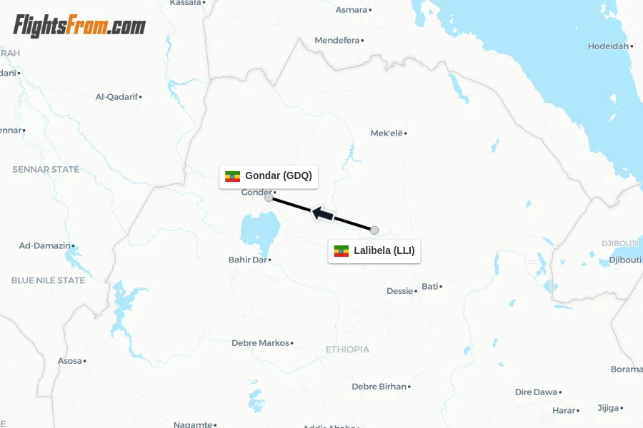 Flights from Lalibela to Gondar route map