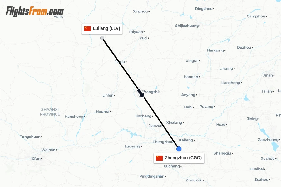 Flights from Luliang to Zhengzhou route map