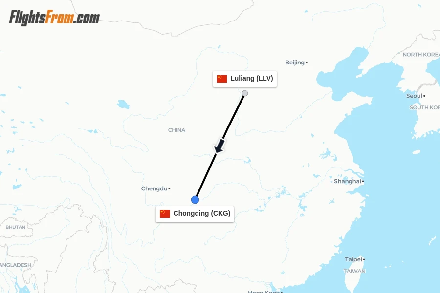 Flights from Luliang to Chongqing route map