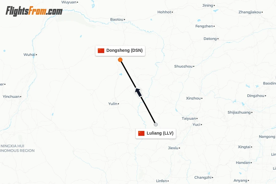 Flights from Luliang to Dongsheng route map