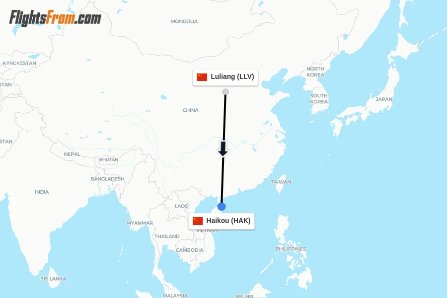 Flights from Luliang to Haikou route map