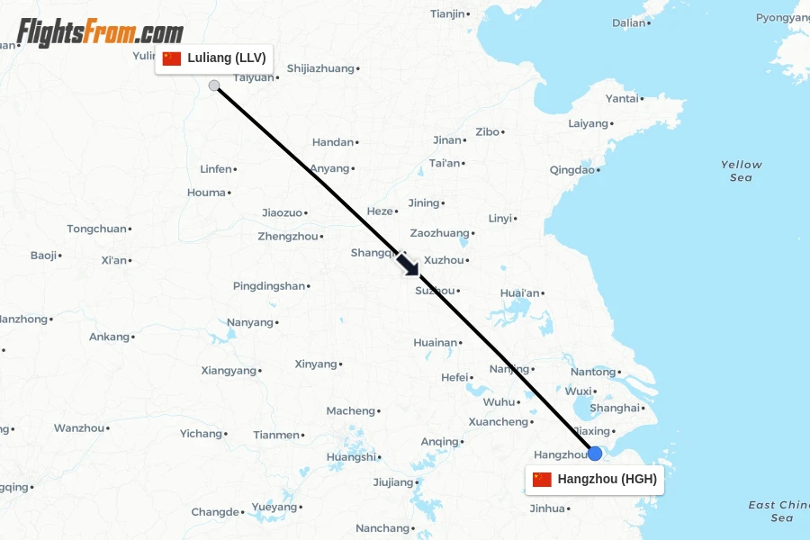 Flights from Luliang to Hangzhou route map