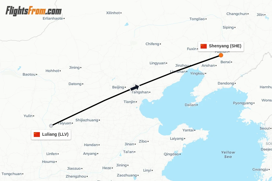 Flights from Luliang to Shenyang route map