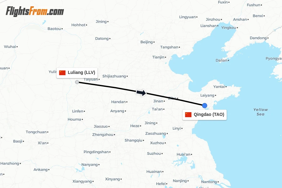 Flights from Luliang to Qingdao route map