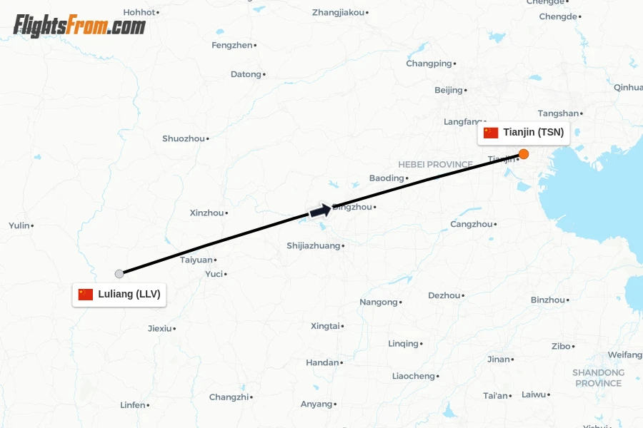Flights from Luliang to Tianjin route map