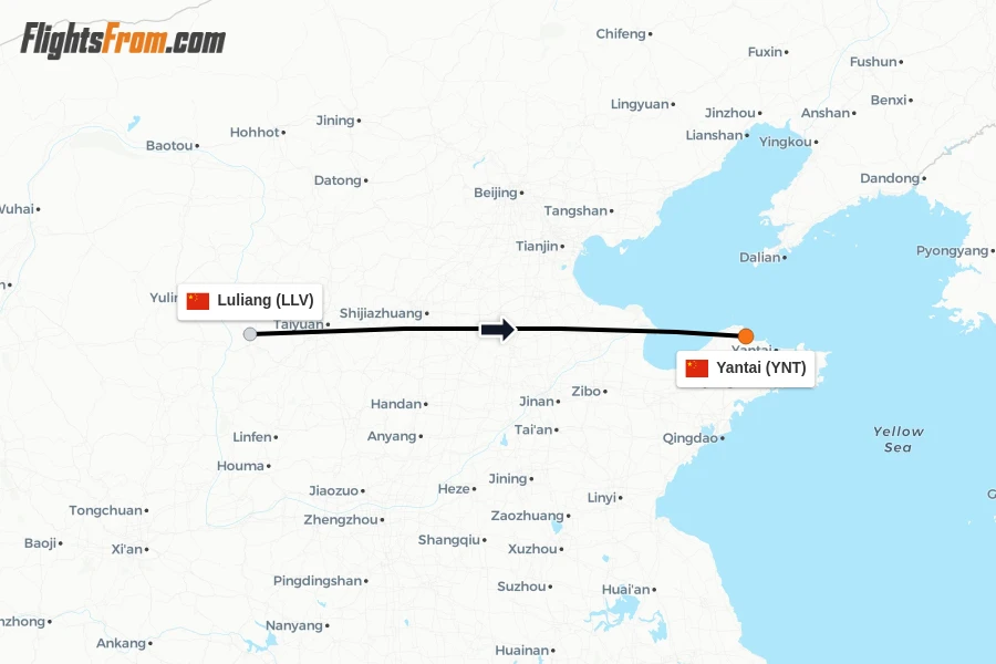 Flights from Luliang to Yantai route map