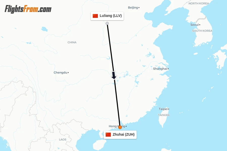 Flights from Luliang to Zhuhai route map
