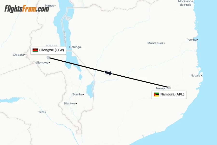 Flights from Lilongwe to Nampula route map