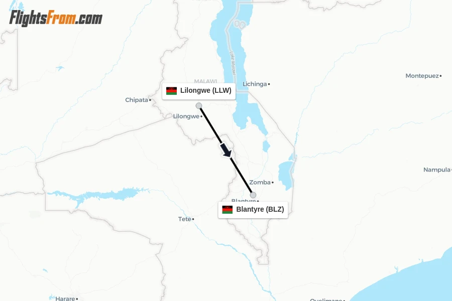 Flights from Lilongwe to Blantyre route map