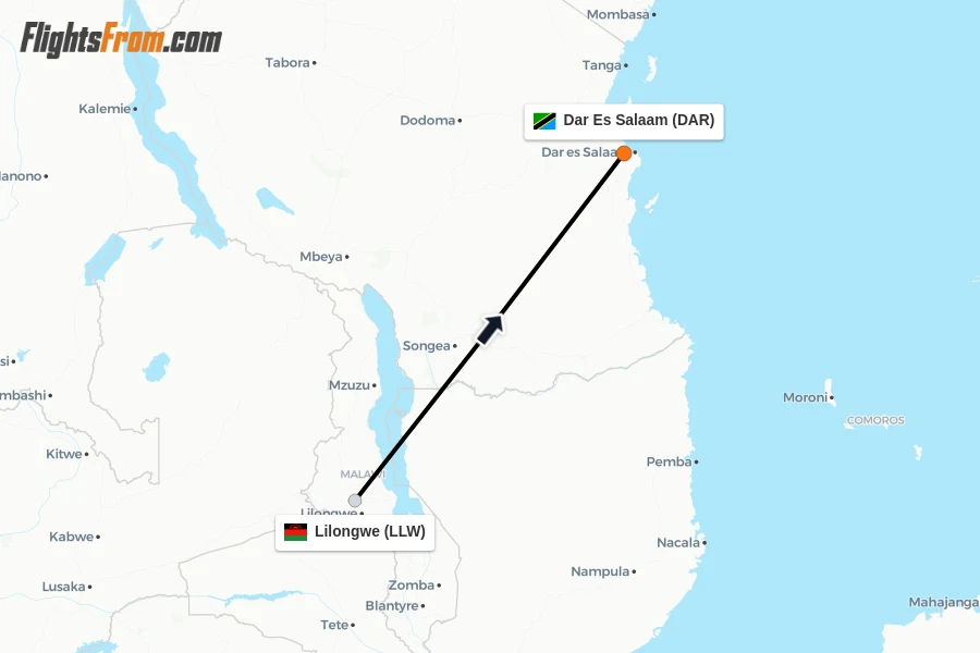 Flights from Lilongwe to Dar Es Salaam route map