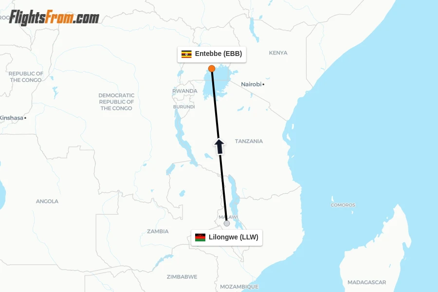 Flights from Lilongwe to Entebbe route map