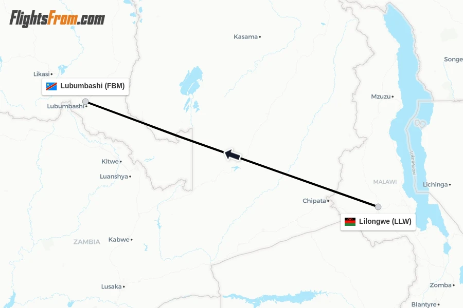 Flights from Lilongwe to Lubumbashi route map