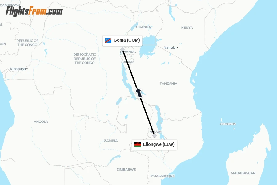 Flights from Lilongwe to Goma route map