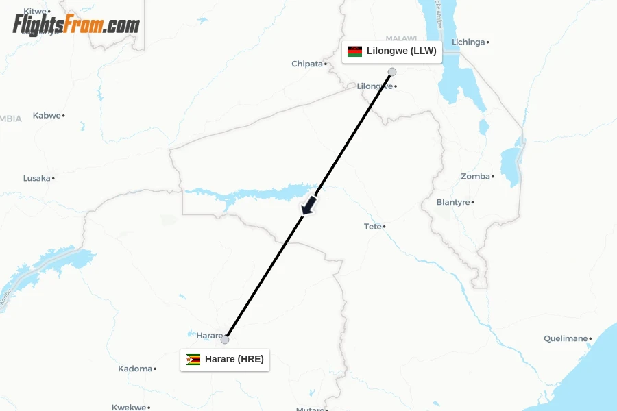 Flights from Lilongwe to Harare route map