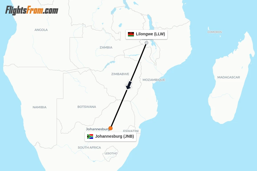Flights from Lilongwe to Johannesburg route map