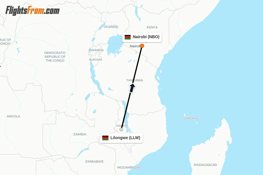 Flights from Lilongwe to Nairobi route map