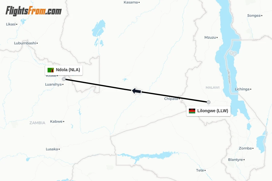 Flights from Lilongwe to Ndola route map