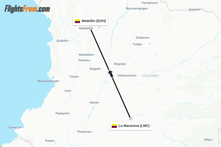 Flights from La Macarena to Medellin route map
