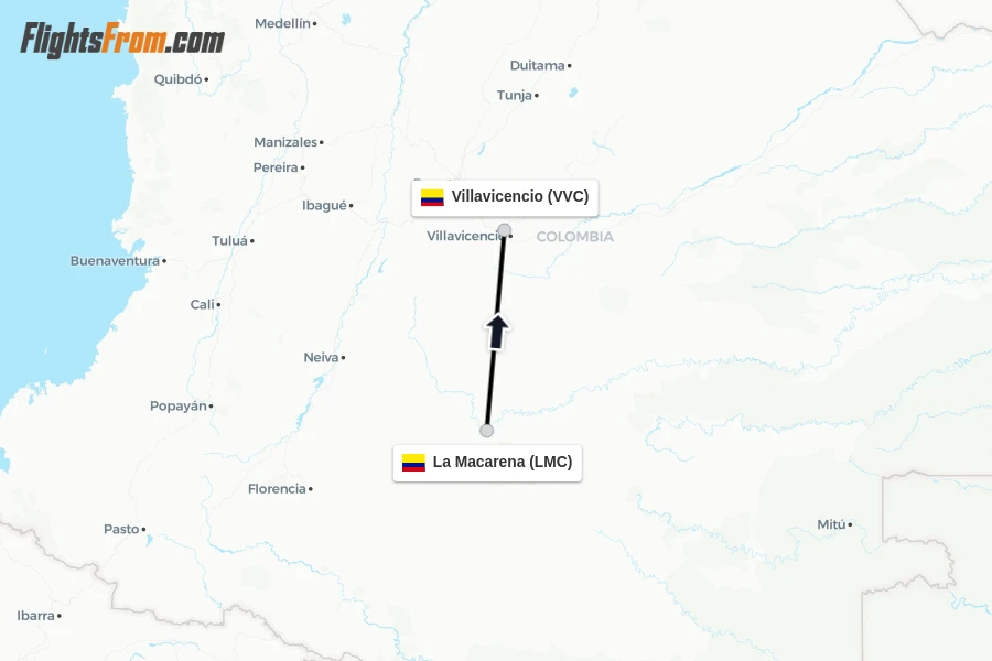 Flights from La Macarena to Villavicencio route map