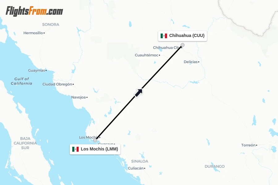 Flights from Los Mochis to Chihuahua route map