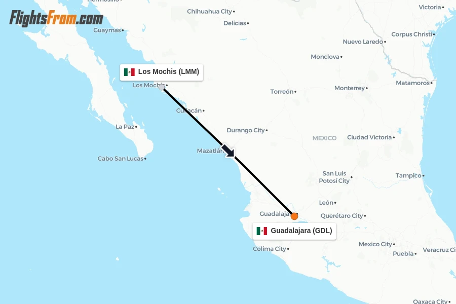 Flights from Los Mochis to Guadalajara route map