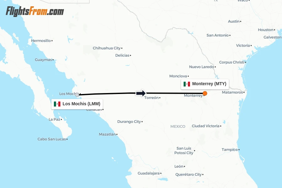 Flights from Los Mochis to Monterrey route map