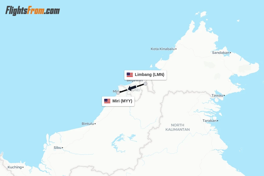 Flights from Limbang to Miri route map