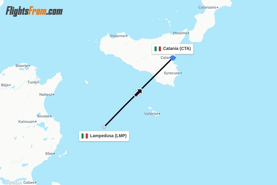 Flights from Lampedusa to Catania route map