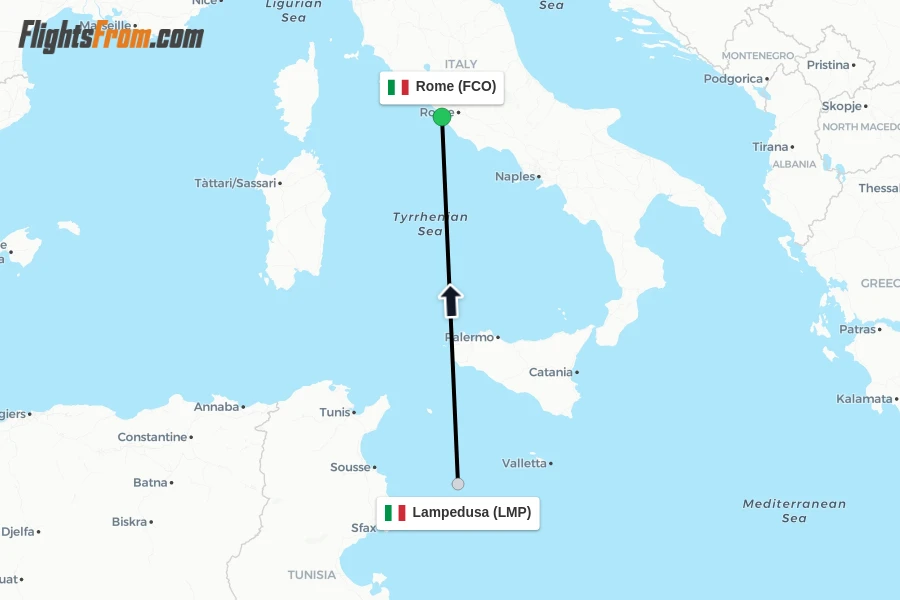 Flights from Lampedusa to Rome route map