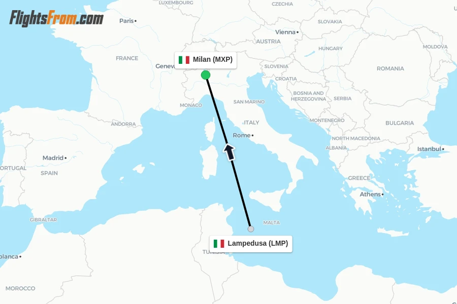 Flights from Lampedusa to Milan route map